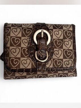 Brown Heart-Print Bifold Wallet with Buckle Detail